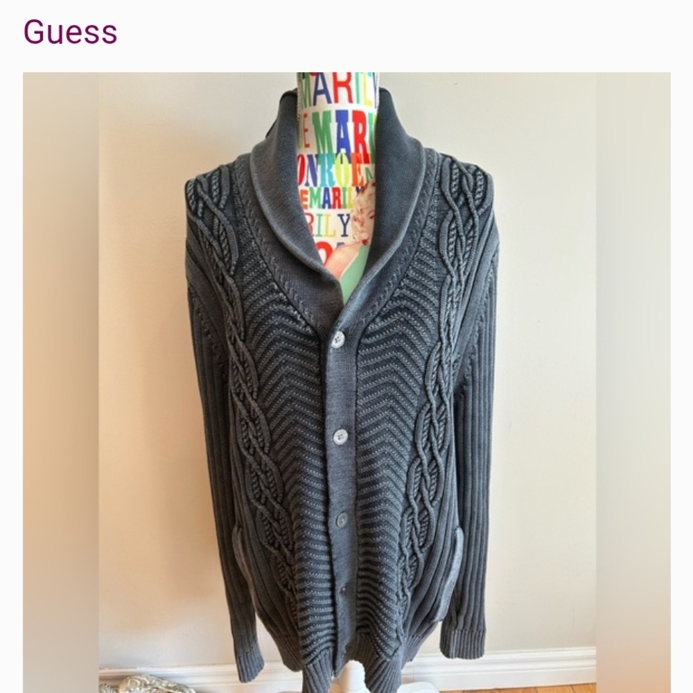 Guess Men's Charcoal Cable Knit Cardigan - Picture 6 of 7